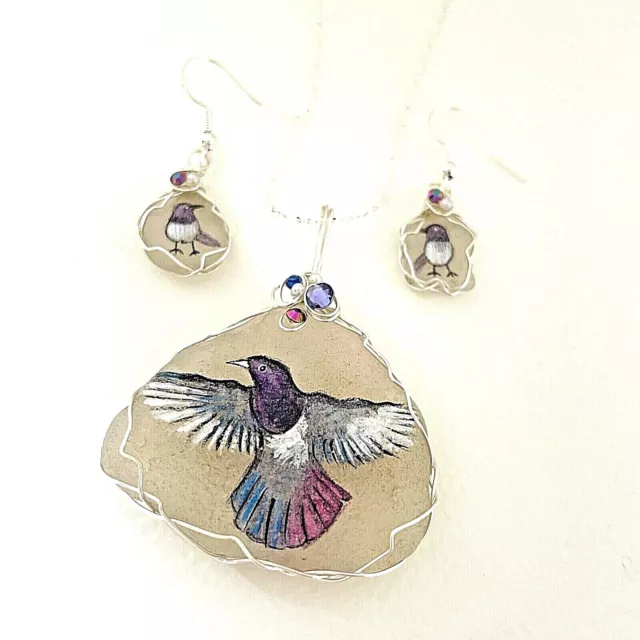 Magpie bird hand painted sea glass necklace & earring set - unique wildlife gift