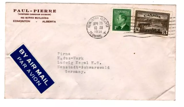 KANADA Luftpostbrief EDMONTON - NEUSTADT/Schw, mit 250 A + 237; APR 26  51