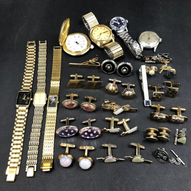 Lot Of Vintage Men’s Jewelry Cuff Links Tie Clips Watches As Is Wear Resale