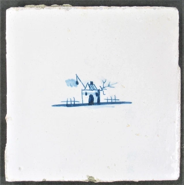 Antique Original Blue & White Delft Tile Dutch Barn & Fences Hand Painted 1600's