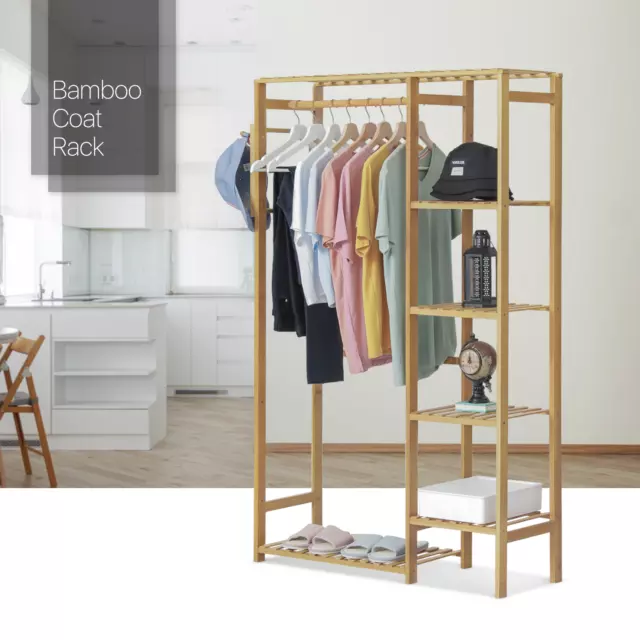 35“ Bamboo[GARMENT HANGING ROD+PANTS RACK]Coat Closet Storage Shelves w/Hat Hook