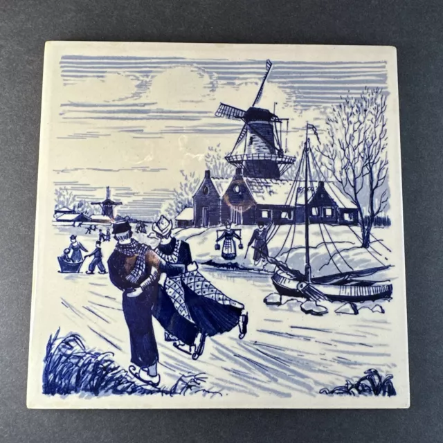 Vintage Delft Holland Tile “Skating Couple Windmill” 6” x 6”Made in W Germany