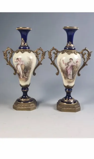 Antique PAIR OF FRENCH SEVRES PORCELAIN ORMOLU MOUNTED VASES BY CHARLES LABARRE