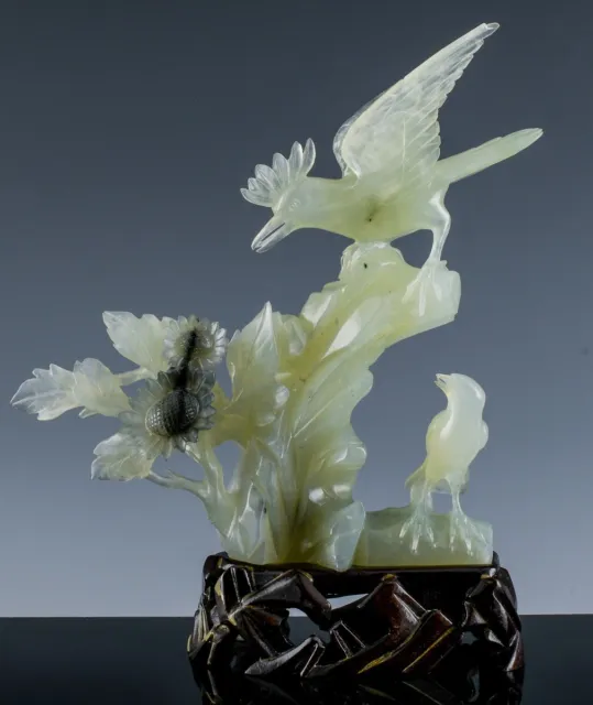 Older Carved Chinese Green Jade Pheasant Bird Floral Figural Carving w Stand