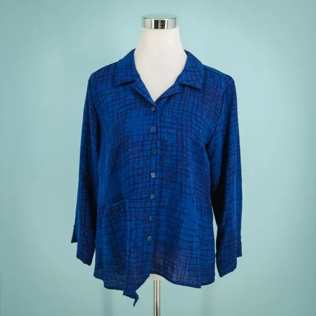 Habitat Size Small S Blue Plaid Print Collared Button Front Artsy Top Blouse