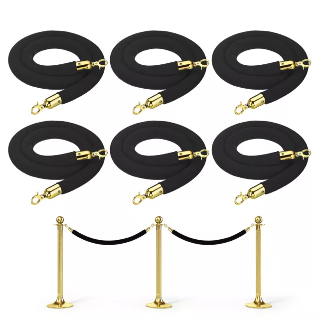 5 Feet Black Velvet Stanchion Rope, 6 Pack Crowd Control Barrier Rope, Golden