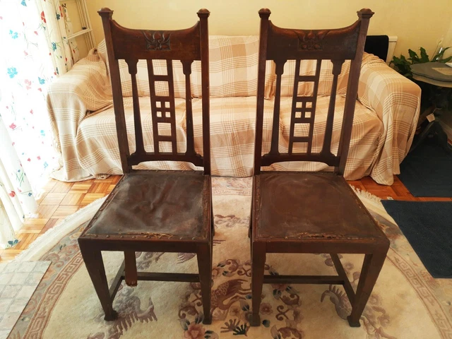Antique Solid Oak Gothic Dining Chairs - Set Pair of 2 - Old Vintage Wood Wooden