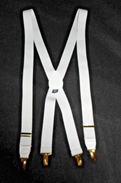 White Suspenders Elastic Clip-on Faux Leather Fittings Gold-Tone Hardware