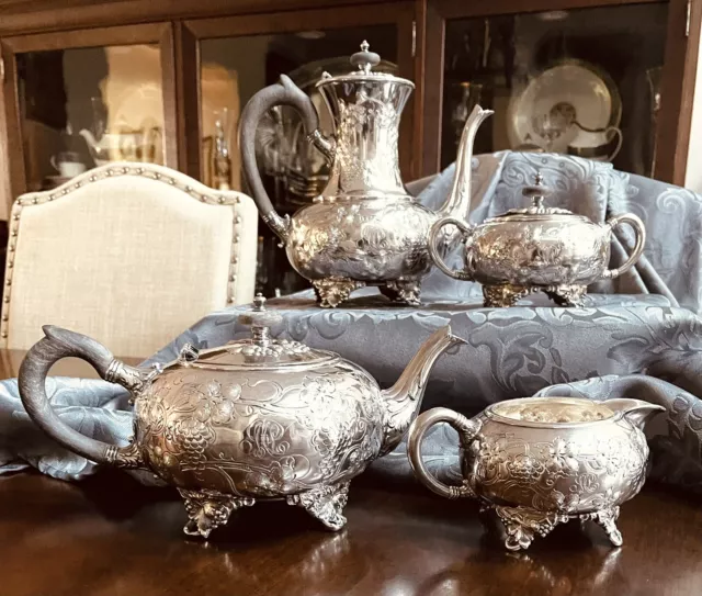 English SilverPlate Grape Motif Repousse 4 Pcs. Tea Set