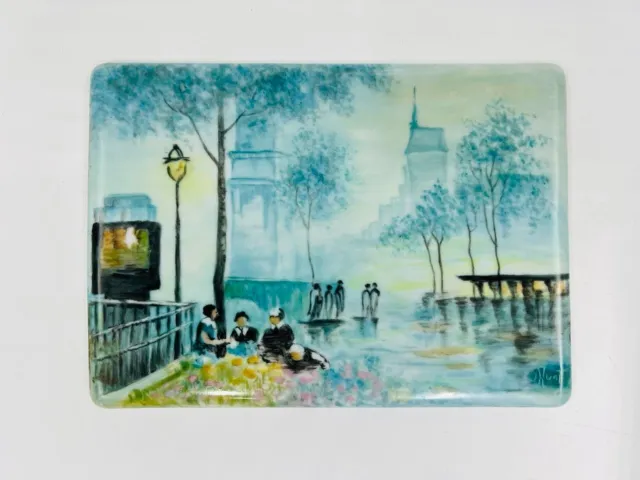 Vintage Hand Painted Art Tile w/ Stand Streets of Paris Theme SIGNED by Artist