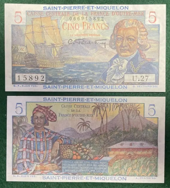 Saint (St.) Pierre et Miquelon Canada 5 Francs 1950-60 Pick # 22 Uncirculated