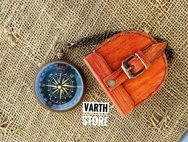 Antique Brass Pocket Compass Locket Vintage Nautical Gift With Lather Carry Case
