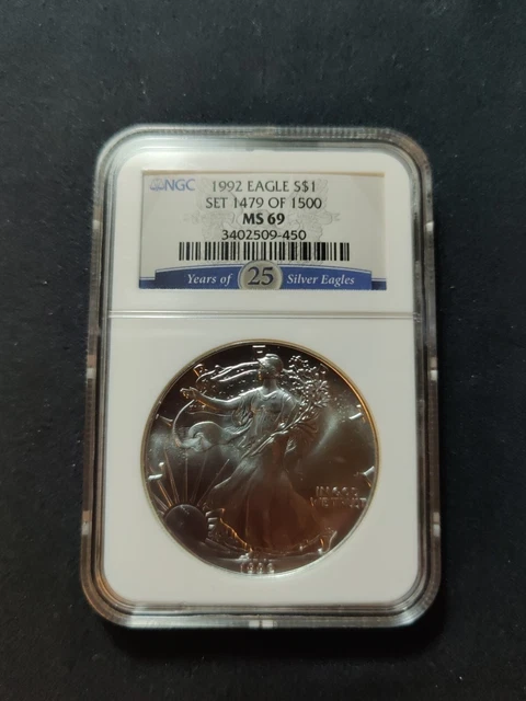 1992 Silver Eagle MS 69 $1 NGC 25th Anniversary