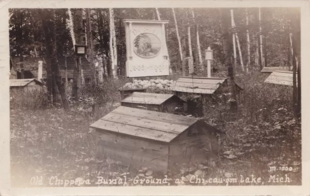 NATIVE AMERICAN RPPC c.1920s Crystal Falls Iron River MI SACRED BURIAL LODGES!!!