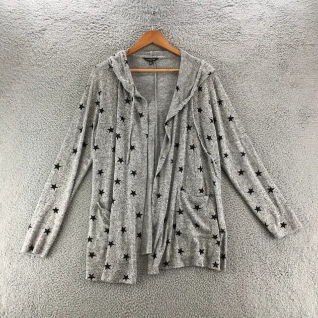 Lucky Brand Hooded Cardigan Sweater Womens Large Grey Knit Star Print Open Front