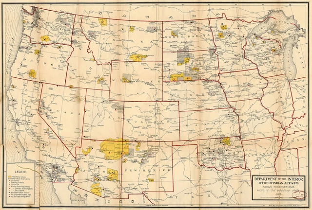 1923 MAP INDIAN Reservations West of Mississippi River Native American ...