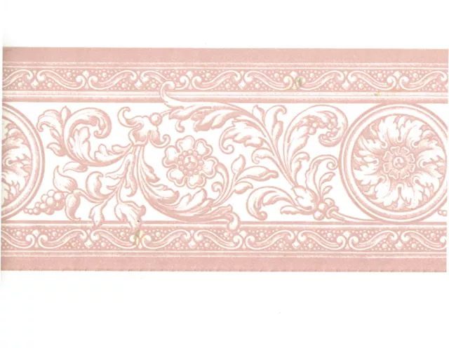 French Damask Pink White Scroll Acanthus Leaf Floral Medallion Wall paper Border