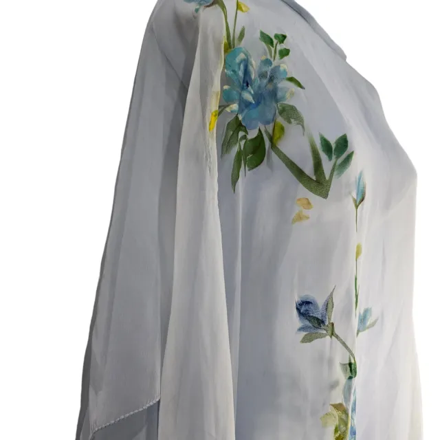 Silk Chiffon Kaftan Over Dress Cover up Blue Hand Painted Floral Shawl Wedding 2