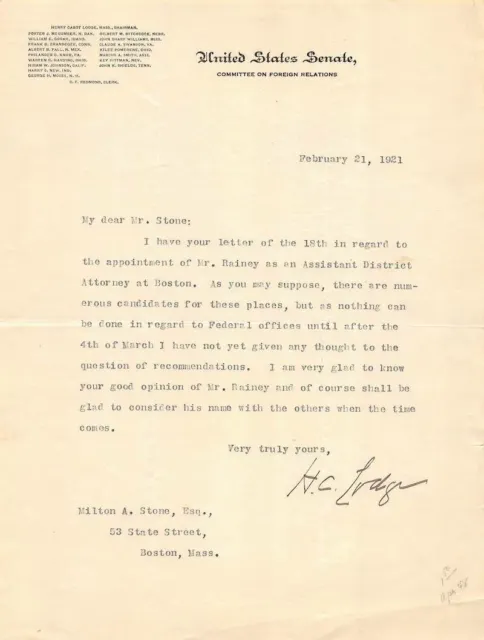 Henry Cabot Lodge MA Senator Autograph Signed Foreign Relations Letter 1921
