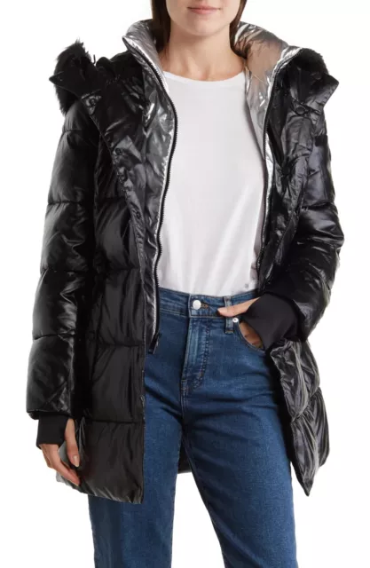 Michael Kors Women's Faux Fur Trim Hooded Quilted Puffer Jacket Black Size XS