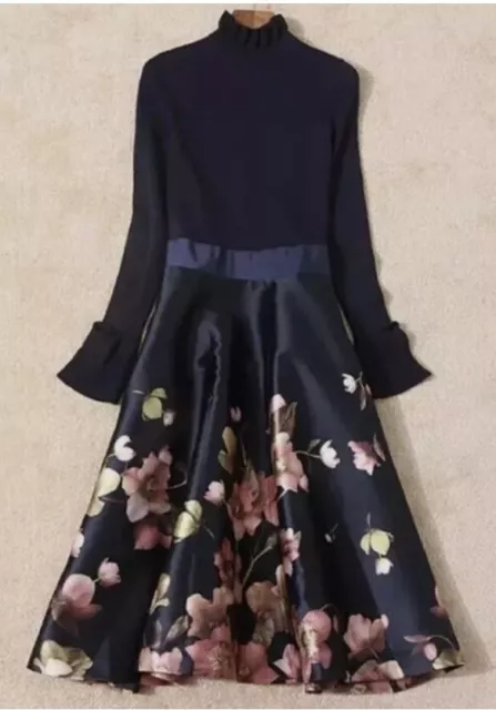 TED BAKER SEEMA Navy Arboretum Floral Ruffle Bow Midi Skater Dress Size 2 Uk 10 65.00 PicClick UK