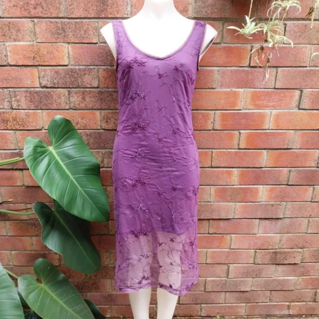 90s Vintage George Purple Embroidered Midi Wiggle Dress 12 14 Grunge Whimsical