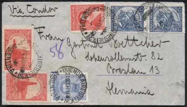 Argentinien 1937 Katapultpost Süd Reko-Brief Buenos Aires Breslau / 466