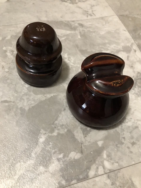 Vintage Dark Brown Porcelain Insulators Stamped PINCO & M234 - Lot of 2