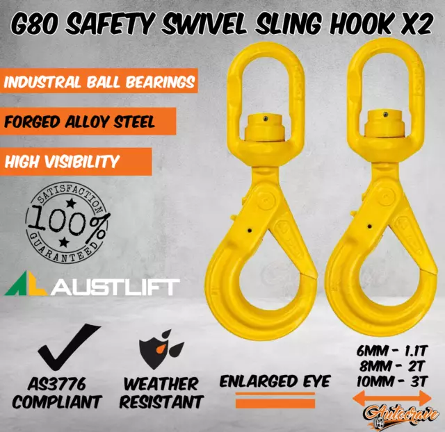 2x G80 Swivel Hook Safety Hook Catch Sling Eye Lifting Chain Connector 6, 8,10mm