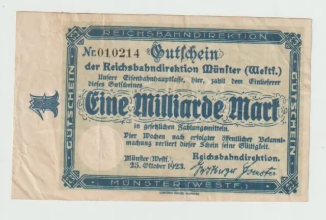 Münster (Westf.) Notgeld, 1 Milliarde, KN-Nr, 010214, Reichsbahn MS, 25.10.1923