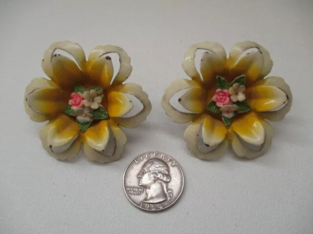 Set of 2 Vintage Metal Curtain Holder Tie Backs w/Yellow Floral Decoration