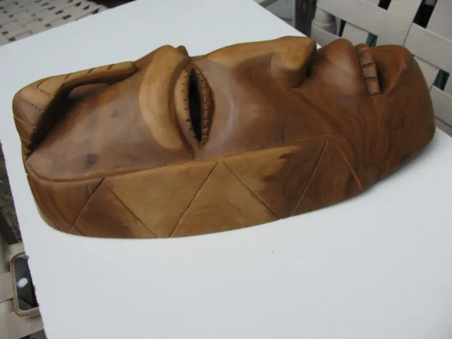 Vintage Hand Carved Mahogany Wood Grain African Mask Eyes Nose Mouth Cut Out 8