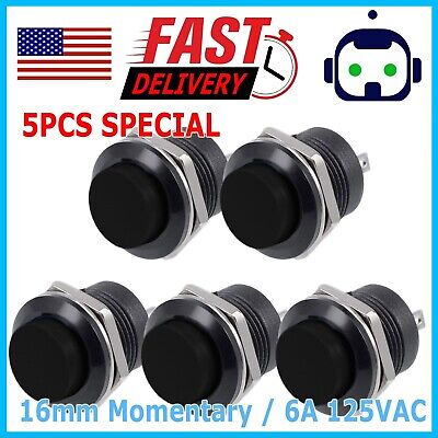5 PCS Black Normally Open 16mm Round Momentary 2 Pins Metal Push Button Switch