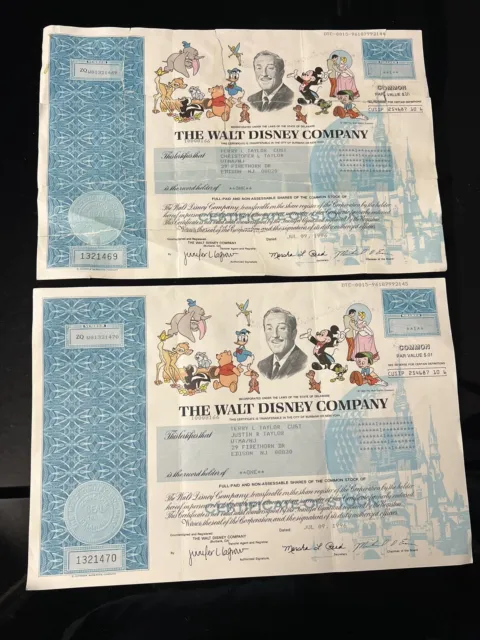 Pair Of  Stock Certificates Vintage Collectors Item- Walt Disney Company