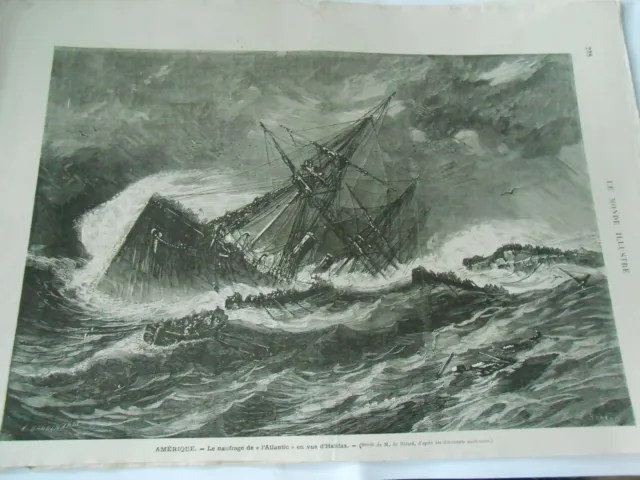 Gravure 1873 - Amérique le naufrage de l'Atlantic en vue d''Halifax