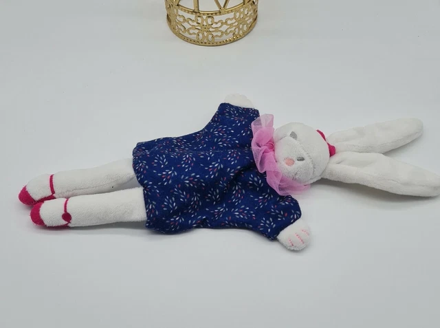 50 - Doudou Plat Lapin Blanc Bleu Marine Sergent Major Noeud Rose Marionnette