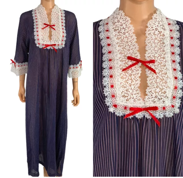 Vintage 60s Odette Barsa Matej Prairie Nightgown House Dress Lace Trim Striped M