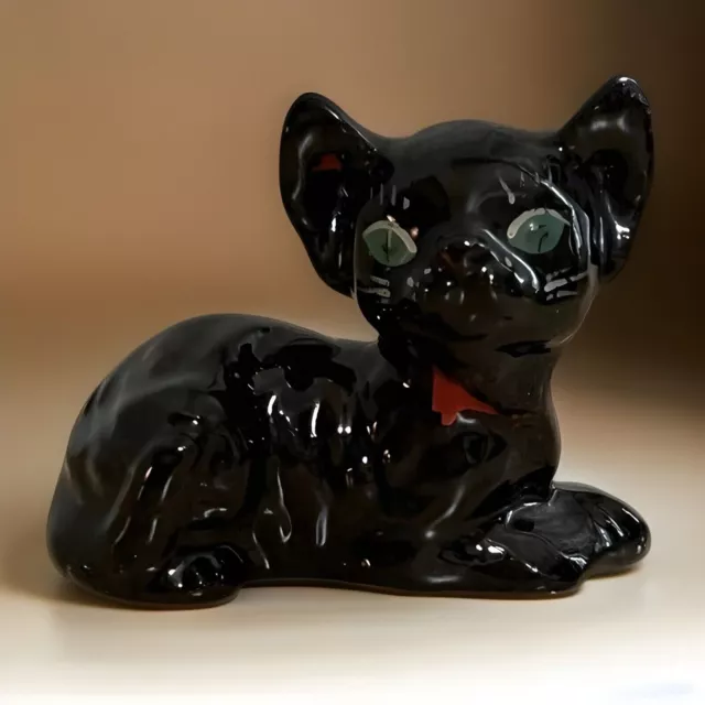 Black Cat Figurine Redware Japan Shafford Hand Painted Red Ears MCM