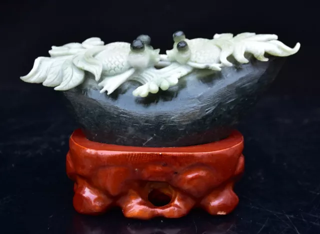 7.6" Chinese Natural Green Dushan Jade Carved Goldfish Fish Statue Sculpture