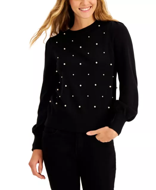 MSRP $70 Charter Club Embellished Puff-Sleeve Sweater Black Size XL