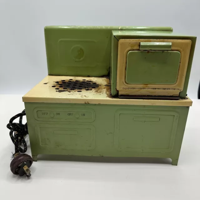Vintage Toy Stove Green Tan Child's Metal Oven
