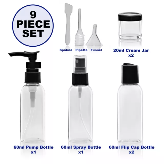 9 Piece Clear Travel Toiletries Liquid Bottle Set for Airport Hand Luggage Case