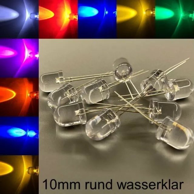 10mm LEDs rund wasserklar alle Farben inkl. Widerstände Leuchtdioden LED 10 mm