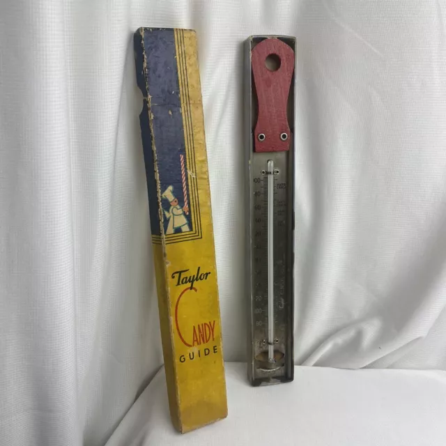 vintage Taylor Candy Thermometer original box Wood handle Jelly Stainless  litho