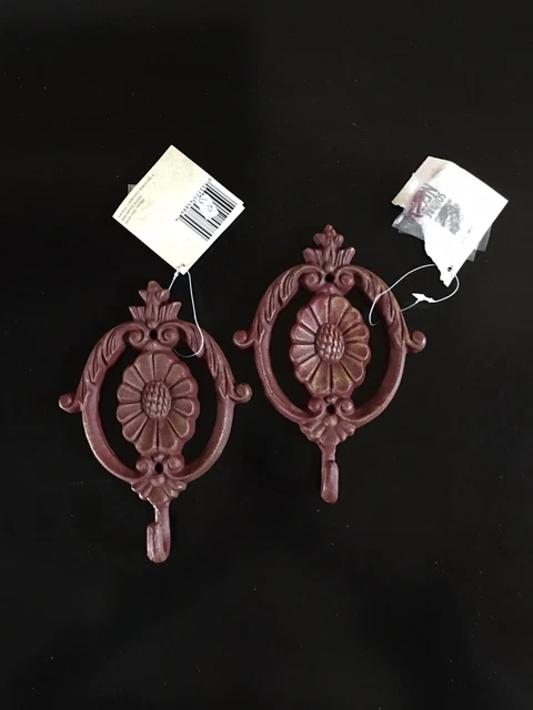 Pair Cast Iron Wall Hook Coat Towel Hanger Red Distressed 7”X5” Made In USA NEW