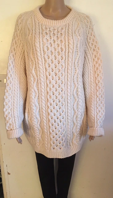 Maglione vintage donna crema arancione lana d'aran lavorato a mano da pit to pit 44 pollici