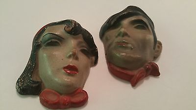 Unique 20's 30's Vintage Pair of Painted Chalkware Couple Head Wall Plaques USA 2