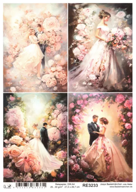 Papel de arroz A4 seda de paja decoupage matrimonio pareja de bodas flores rosas RE3233