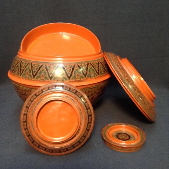 Vintage 19th century Burmese Lacquer Round Box 5 Pcs. 2