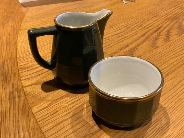 Apilco French Bistro Green And Gold Milk Jug/Creamer And Sugar Bowl
